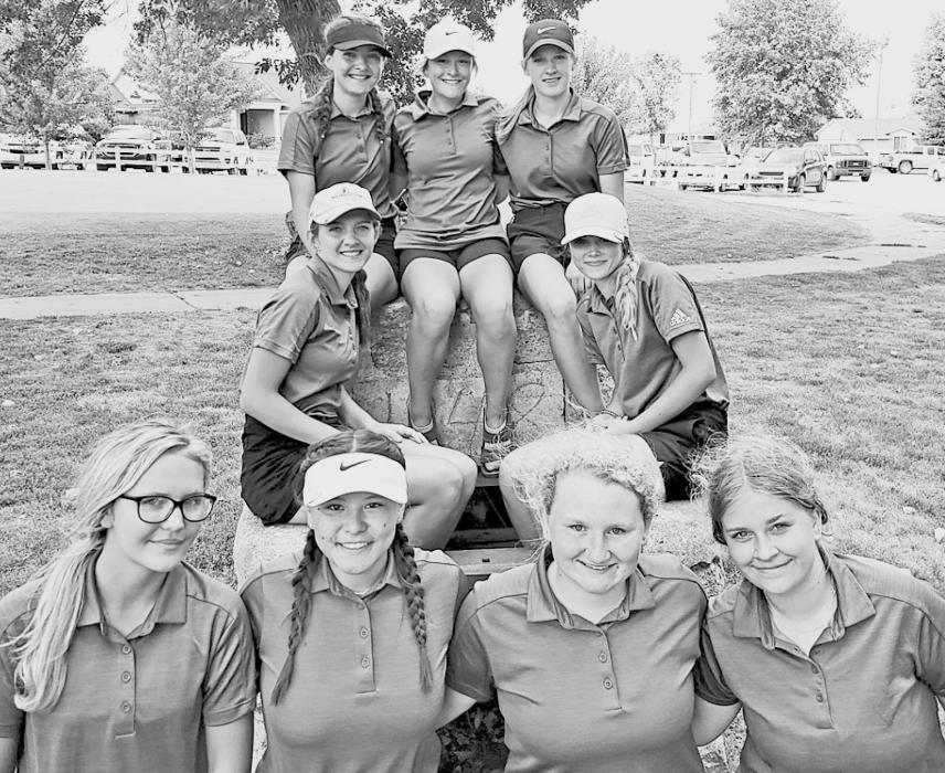 Pictured are back row, L to R: back row VARSITY: Mekallyn Bancroft, Jaycie Cox, Becca McGinley. Middle row, L to R: Kaetryn Bancroft and Nicole Williams. Front row, JV, L to R: McKenna Elliott, Kaylee Wenig, Courtney Morgan, Maddy Pilakowski.