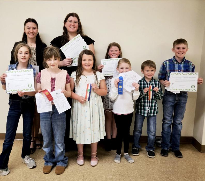 2025 Speech participants are pictured back row, L to R: Ella Brennemann, Jenalee Garwood, Emeran Tenhouse. Front row, L to R: Bristol Danielski, Kyndel Danielski, Jenessa Garwood, Charlotte Tenhouse, Daniel Tenhouse, and Liam Tenhouse.