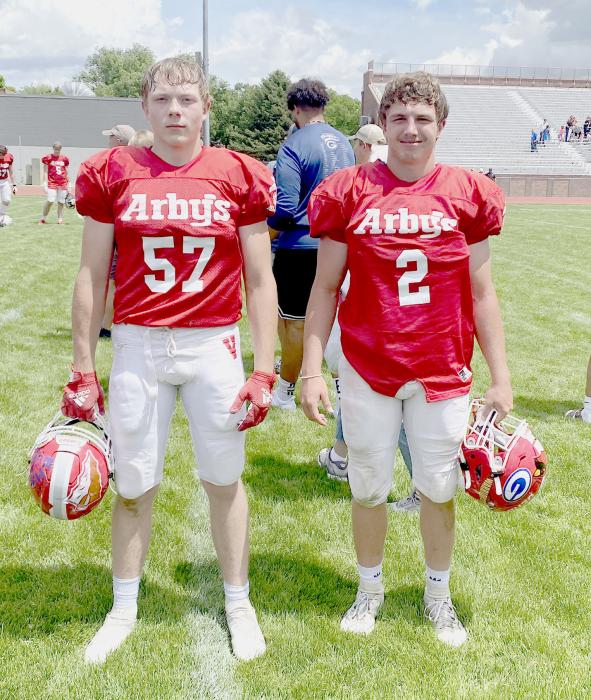 Pictured are Logan Witte #57 and Ashton Lurz #2, playing for the Nebraska West Team at the annual West Nebraska All-Star Game in Scottsbluff. Photo by Dana Witte