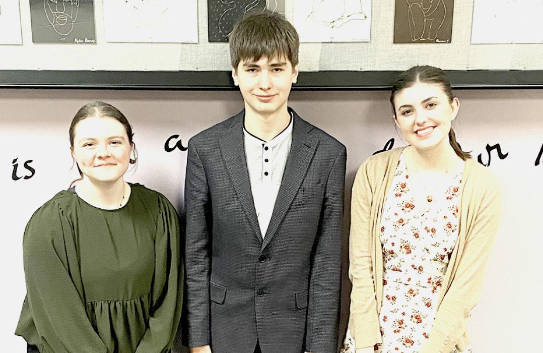 Pictured at districts are top, L to R: Emma Kreutner in duet, Landen Mooney in duet, and Finley Mosner in poetry. Pictured at bottom, L to R: Marybelle Ward in persuasive, Jenalee Garwood in extemporaneous.