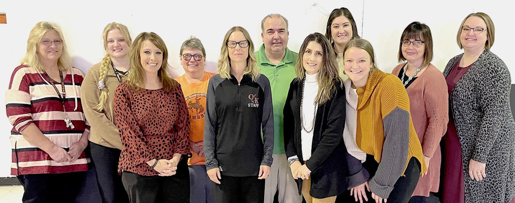Back row, L to R: Mischell Hill, Grace Ford, Deb Logterman, Mike Anderson, Maddison Altmeier, Kendra Schneider, Joslyn Nollette. Front row, L to R: Jodi Mosher, April Rhodes, Becky Lancaster, Andrea Gardner.