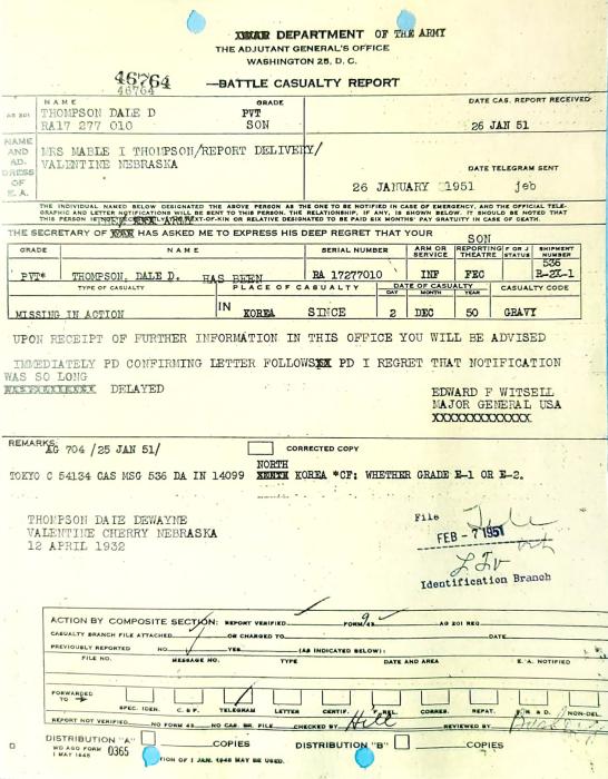 Mabel Thompson received this telegram informing her of Dale being Missing in Action, dated January 26, 1951.