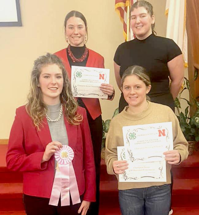 CEA Speech Contestants back row, L to R: Ella Brennemann, Jenalee Garwood. Front row, L to R: Marybelle Ward, Jocelyn Jordan.