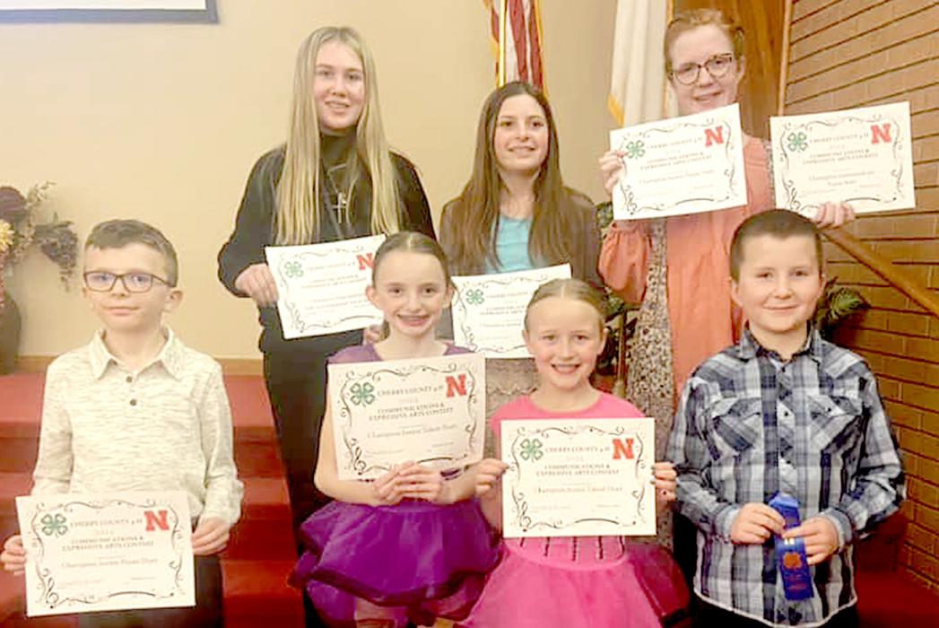 CEA Music Contestants back row, L to R: Harley Jo Thorpe, Emillia Ward, Brooke Brashears. Front row, L to R: Boe Tetherow, Camille King, Adley Swanson, and Cam Brashears.