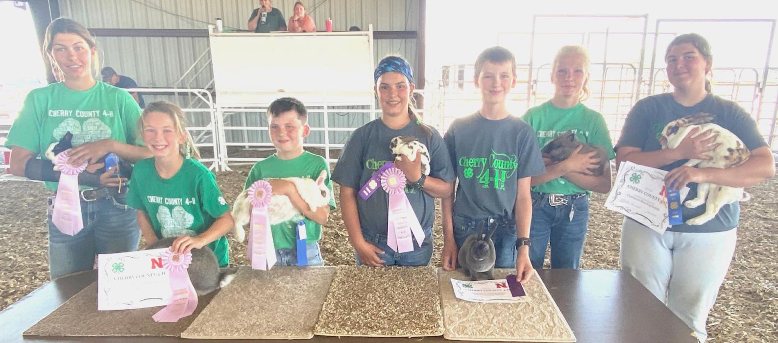Rabbit Award winners are pictured from L to R: Rylie Sexson, Katelyn Blackford, Cash Jenkins, Addie Sexson, James Walkling, helper Christen Larson, and Jenalee Garwood.