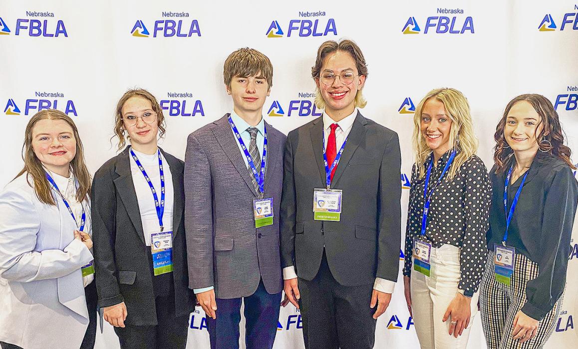 The VHS FBLA Team is pictured from L to R: Emma Kreutner, Makenzie Ward, Landen Mooney, Harvey Dean Fast Horse, Mataya Morrison, and Zoe O’Keefe.