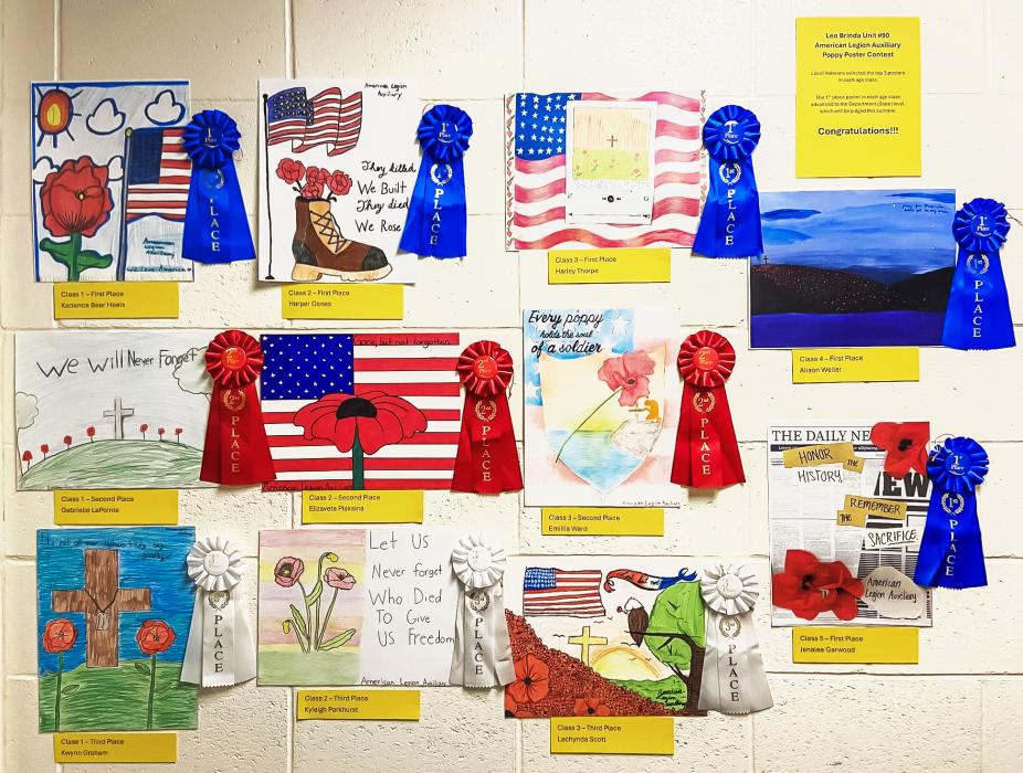 The Leo Brinda Unit #90 American Legion Auxiliary 2025 Poppy Poster Contest featured 211 entries from area youth. First place winners in each class advanced to state competition. The top three in each class were selected by local veterans. There was a People’s Choice contest during the display at Old West Days over the weekend.