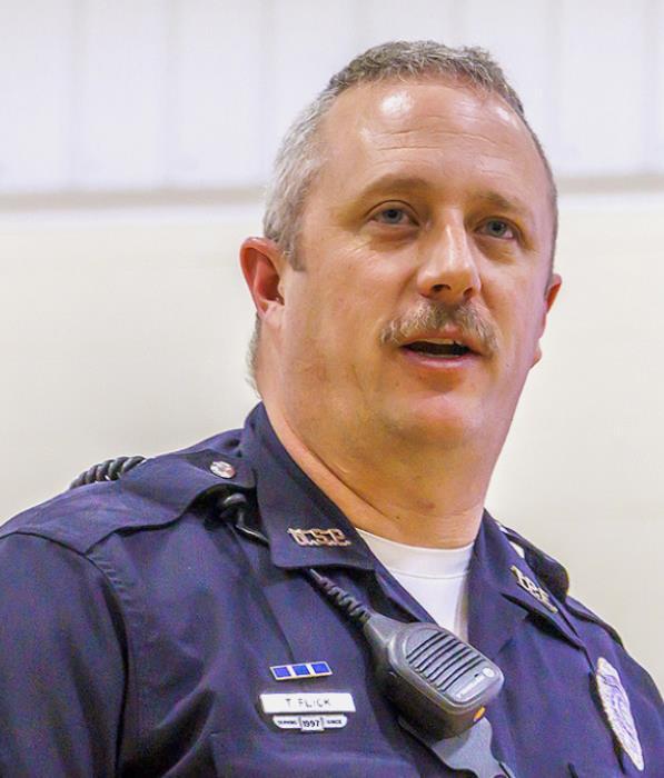 Trooper Tim Flick above. Valentine Middle School students listen to his message about the effects of drugs. Don’t do it. Not even once. Photos by Laura Vroman