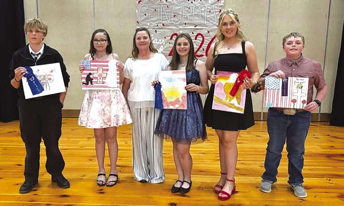 Winners at Valentine Middle School are pictured from L to R - 1st Class 3 DeNiel Ammon, 3rd Class 3 Tatiana Oppliger, Auxiliary member Wendy Murphy, 1st Class 4 Emillia Ward, 2nd Class 4 Harley Jo Thorpe, People’s Choice Class 4 Tate Ward.`