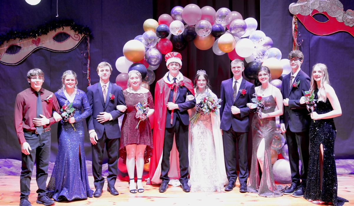 Sunday, February 5, 2023, Valentine held their 79th annual coronation at the Valentine High School. The Coronation Court is pictured from L to R: Count John Lloyd Fulton and Countess Jocelyn Jordan, Prince Gavin Sandoz and Princess Taylor Battershaw, King Nathan Perrett and Queen Sheldyn Rodgers, Duke Grant Springer and Duchess Finley Mosner and Page Isasc Cronin and Page Samantha Sprenger. Photos by Amanda Long