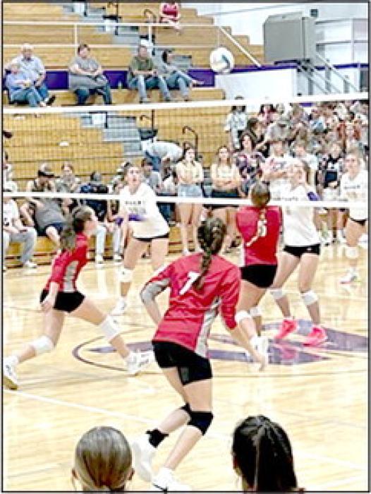 Pictured are the Lady Badgers at Winner, Thursday, August 31, 2023. Kimber McGinley with the back set to Cadence Swanson. Photos by Kara Buechle