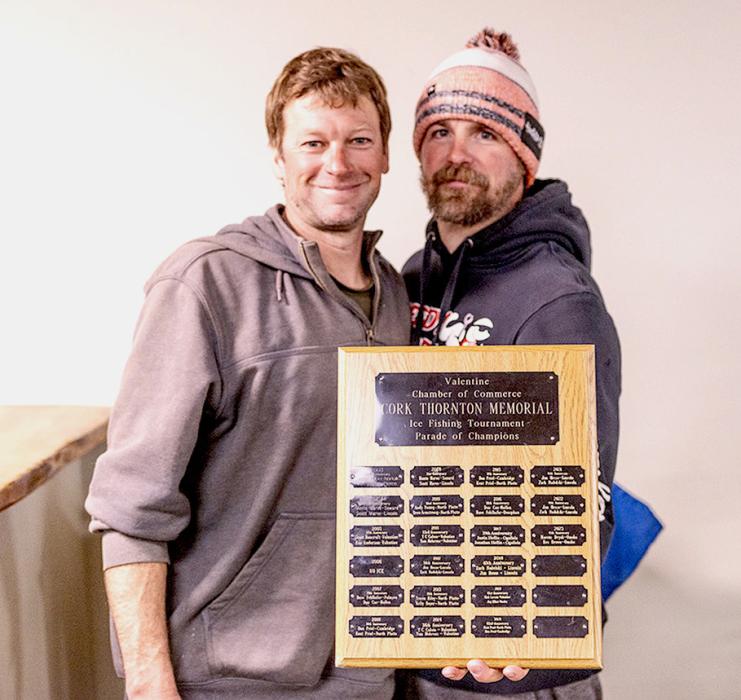 The first place team at the annual Cork Thornton Memorial Ice Fishing Tournament was from L to R: Jim Hesse and Zach Nadolski who caught 35.12 pounds of fish.