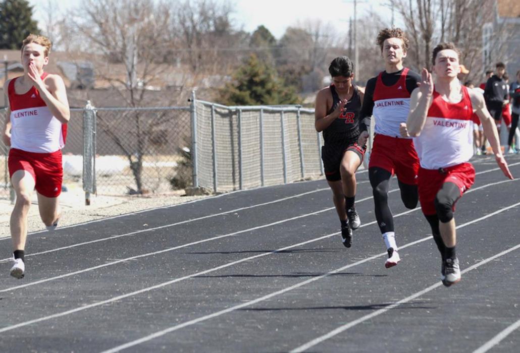 Pictured from L to R are Lex Larsen, Logan Harp, and Conner Kreutner in the 100 Meter Dash.