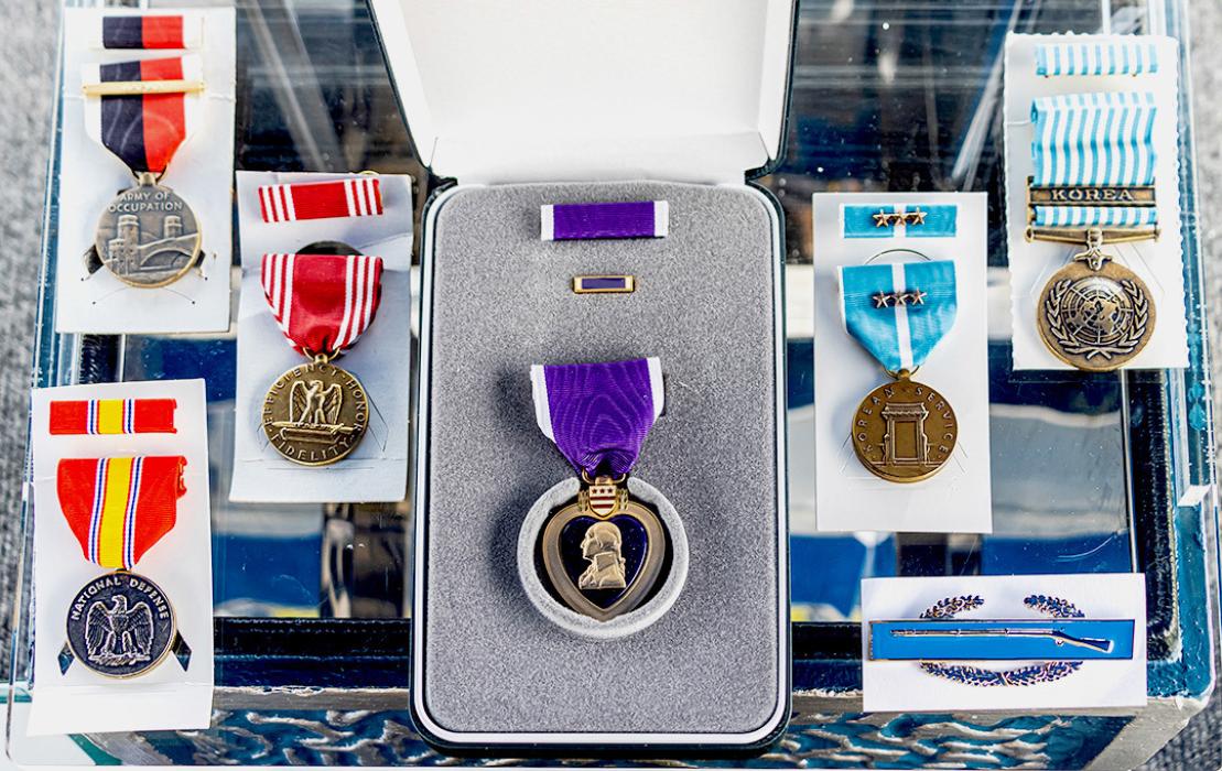 The medals that belong to PFC Dale Thompson including the Purple Heart, center.