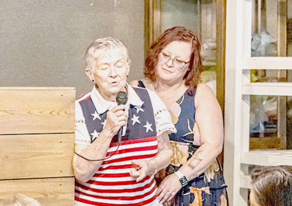 Cousin Betty Schroeder shared her memories of Dale and Gene, his brother, from when they headed off to war. With her is great niece Cindy Williams.
