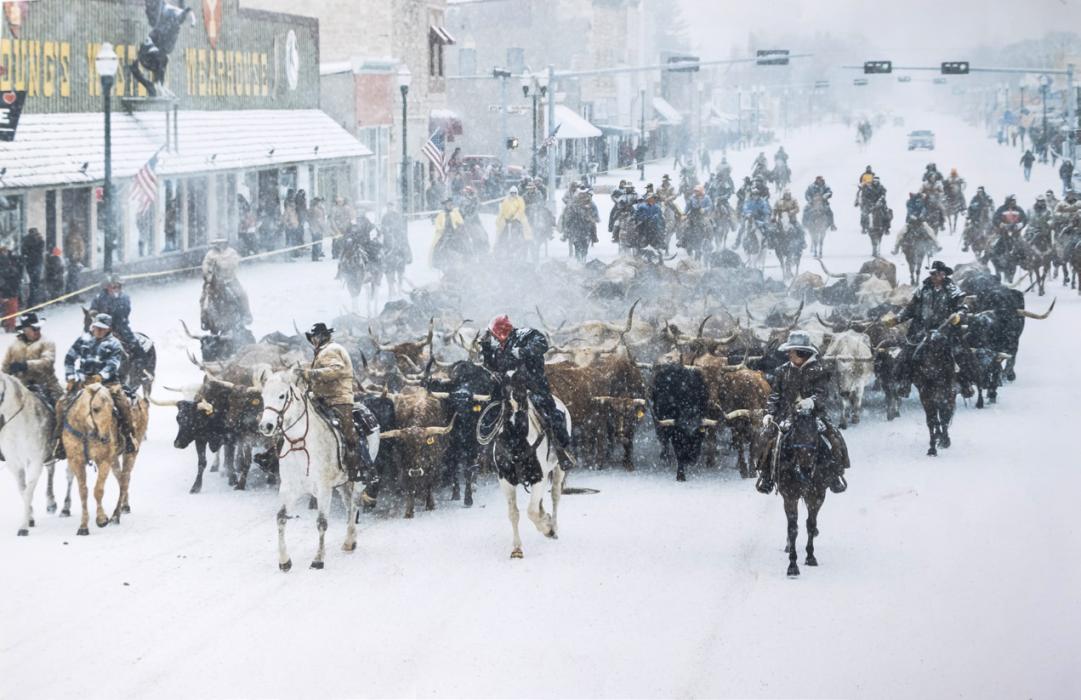 History walked down Valentine’s Main Street on November 11, 2000 when the Longhorns were moved from Fort Niobrara National Wildlife Refuge to Fort Robinson. The move took eight days as the cattle were driven overland a distance of 180 miles in the cold and snow. Photo by Laura Vroman