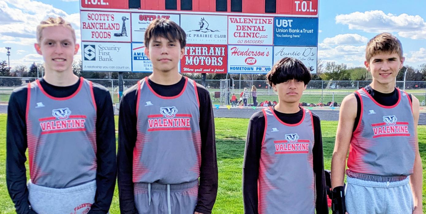 Wade Daugherty, Andrew Red Bird III, Isaac Mora Lira and Eli Huddle made up the 4x400 relay team that took first place at the Valentine Middle School Track Invite.