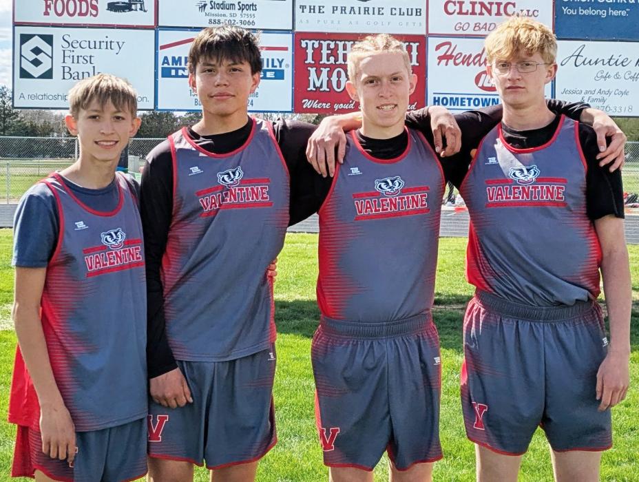 The 4x100 relay team of Banks Beebout, Andrew Red Bird III, Wade Daugherty and Jakob Purdum captured first place at the Valentine Middle School Track Invite.