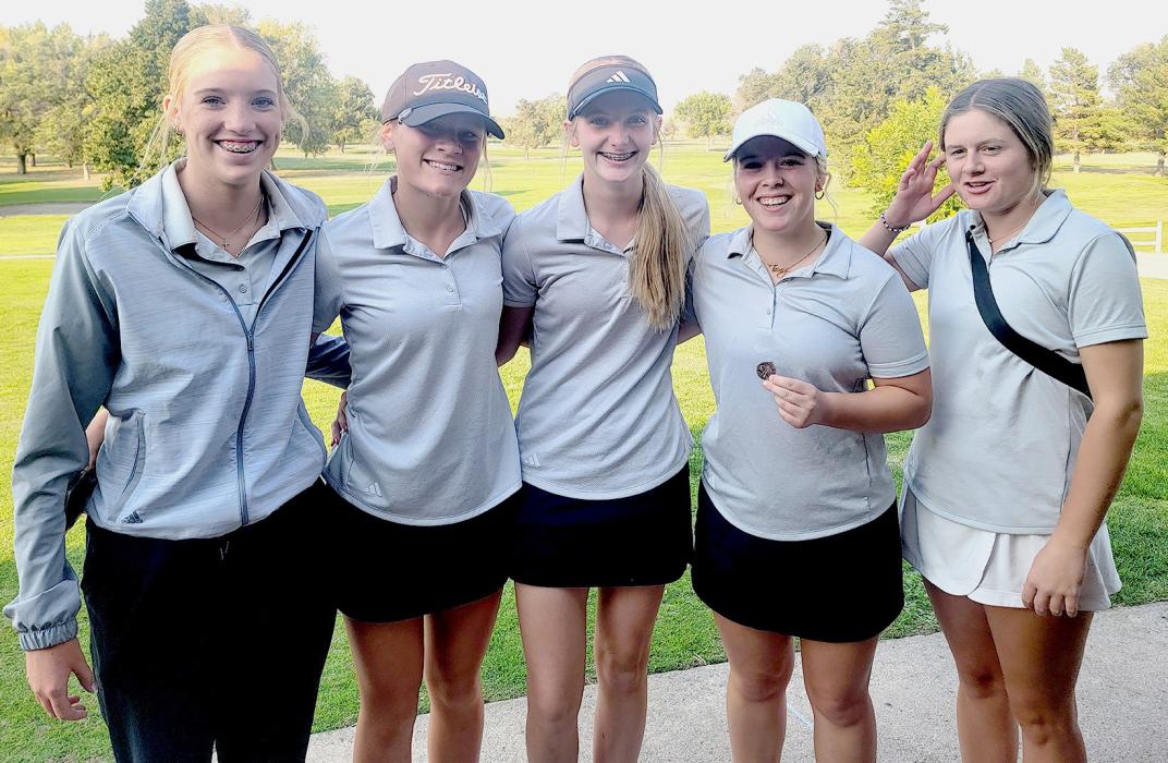 The Lady Badger golf team qualified for NSAA State Golf. Pictured are from L to R: Rylee Wackler, Joni Cox, Samantha Sprenger, Tierney Miller, and Jojo Jordan.