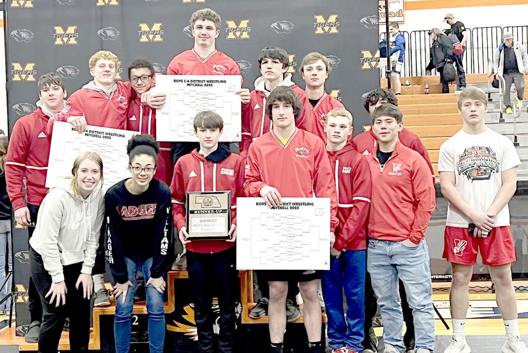 The Valentine Badger wrestling team were runners-up at Districts. Pictured are back row, L to R: Cooper Phillips, Will Sprenger, Jekhi Williams, Ashton Lurz, Trace Buechle, Gavin Sandoz, Nick Ohlmann. Front row, L to R: Managers Kaylee Hanson and Tatiana Williams, Louden Grooms, Cayden Lamb, Ethan Borer, Kadon Wenig, and Clayton Elliot. Photos by Jessica Stankoski