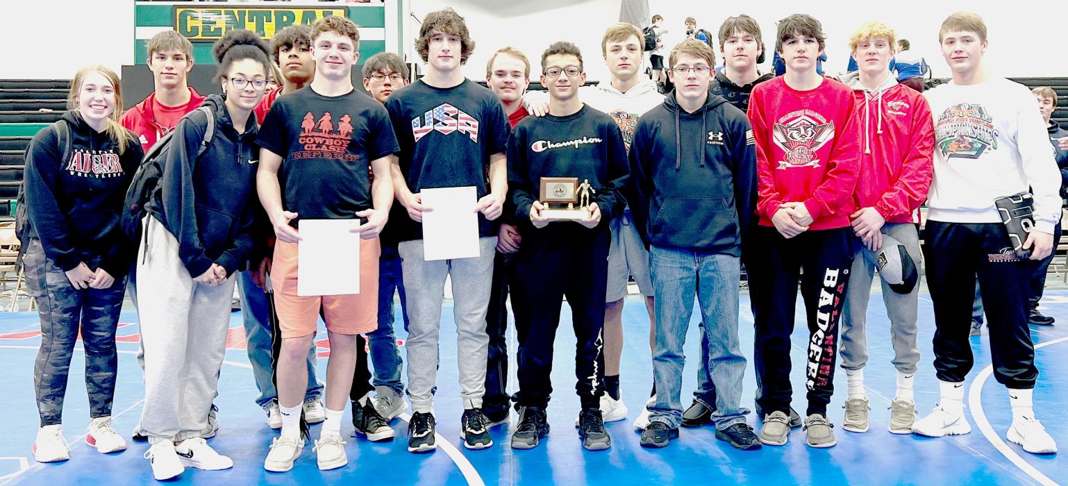 The Badger wrestling team earned third place at the Norm Mansteadt Invitational. They are pictured from L to R: Manager Kaylee Hanson, Ethan Cozad, Manager Tatiana Williams, Nick Ohlmann, Ashton Lurz, Kadon Wenig, Cayden Lamb, Cinch Miller, Jekhi Williams, Gavin Sandoz, John Fulton, Cooper Phillips, Trace Buechle, Will Sprenger, and Clayton Elliot. Photos by Jessica Stankoski