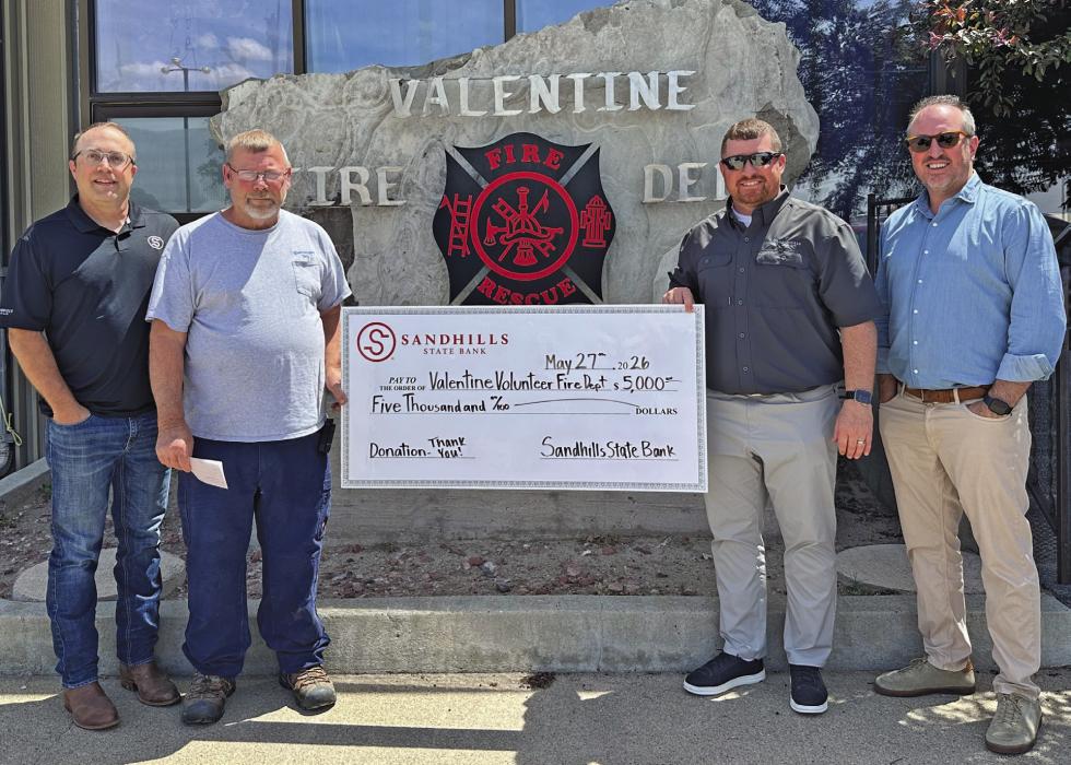 Pictured in Valentine, L to R: Senior Vice President Ryan Hutchinson, Valentine Fire Chief Terry Engles, SSS Market President, Zane Limbach, President Kyle Arganbright.