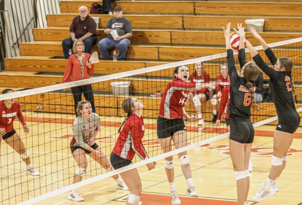 Lainey Egelhoff #14 returns the ball in the triangular where they hosted Ogallala along with Gordon-Rushville. Photos by Amanda Long