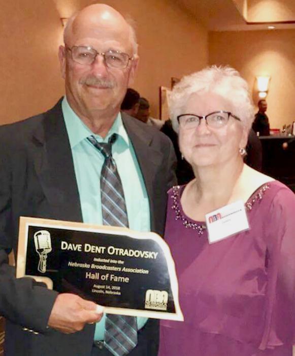 Dave “Dent” Otradovsky and his wife Deb at the 84th annual NBA convention when he received the Nebraska Broadcasters Association Hall of Fame recognition, August 14, 2018. Governor Pete Ricketts presented the plaque to Dave at the banquet.