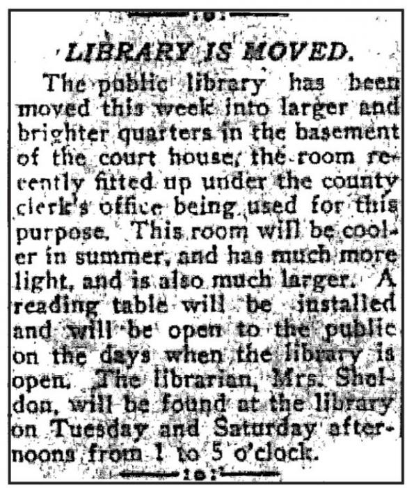 March 7, 1924 Valentine Republican shares the moving of the Valentine Public Library to the original Cherry County Courthouse.