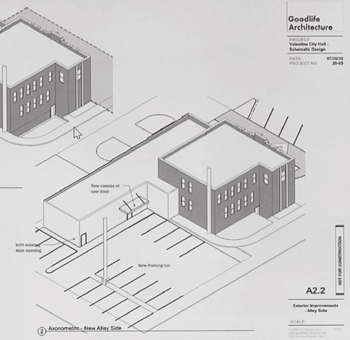 Goodlife Architecture drew up plans for City Hall including a new parking lot in the back of the building that will be used for citizens to enter the new Council meeting room. While the design is conceptual, and subject to change, the goal is to remove an old shed that is currently located in the parking area. The changes haven’t been approved by the City Council as of their December 9, 2021 meeting.