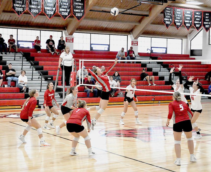 Alliance - 25, 25 = 2 Valentine - 10, 17 = 0 Decatur Community - 25, 25 = 2 Stats weren’t available at press time. Pictured above left, Cadence Swanson sets the ball in the game against Alliance. Pictured above right, Annelena Nelson gets ready to spike the ball in the game against McCook.
