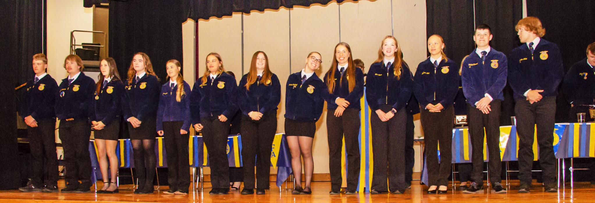 FFA members received their Chapter Degrees. Pictured are Colter Austin, Brenden Battershaw, Clarrah Beebout, Mady Bopp, Camilla Brown, Brooklyn Coyle, Kassie Hanson, Audrey Heinert, Callie Kenner, Mali Morrison, Haddison Mundorf, Annalena Nelson, Leah Osnes, Addison Stec, Raken Tinant, and Westin Witte.