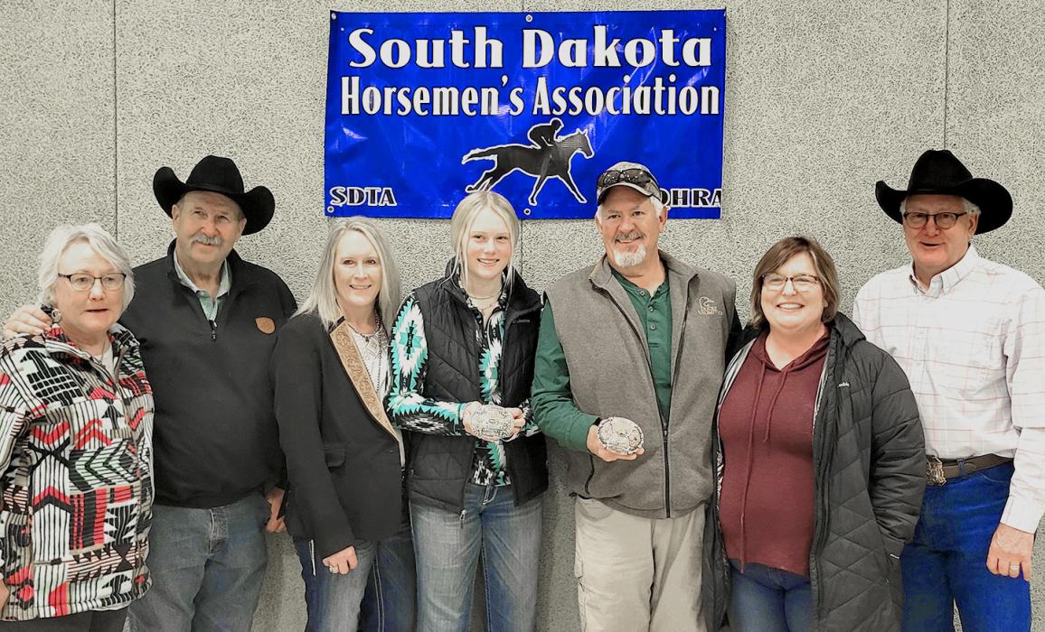 Out of state leading money earner was two year old One Fabulous Dynasty owned by Casey Foster and Deanna Anderson, trained by Bob Johnson, sponsored by Scott and Valarie Shoun. Pictured are: Valarie and Scott Shoun, Deanna and Hadley Anderson, Casey Foster, Jaida Woodward and Mike Lemburg president SDQHRA.