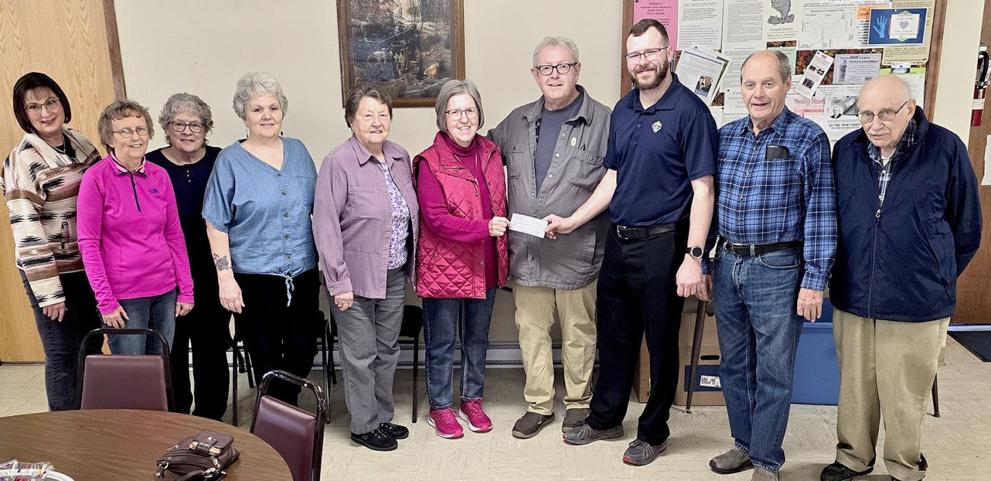 Valentine Senior Center was happy to receive funds from Knights of Columbus and are pictured from L to R: Sharon Brown, Lois Koinzan, Virginia Elliott, Rebekah Cash, Elsie Witt, Nancy Allard, Steve Grey, Justin Hartman, Glenn Clasen, and Martin Nollett.