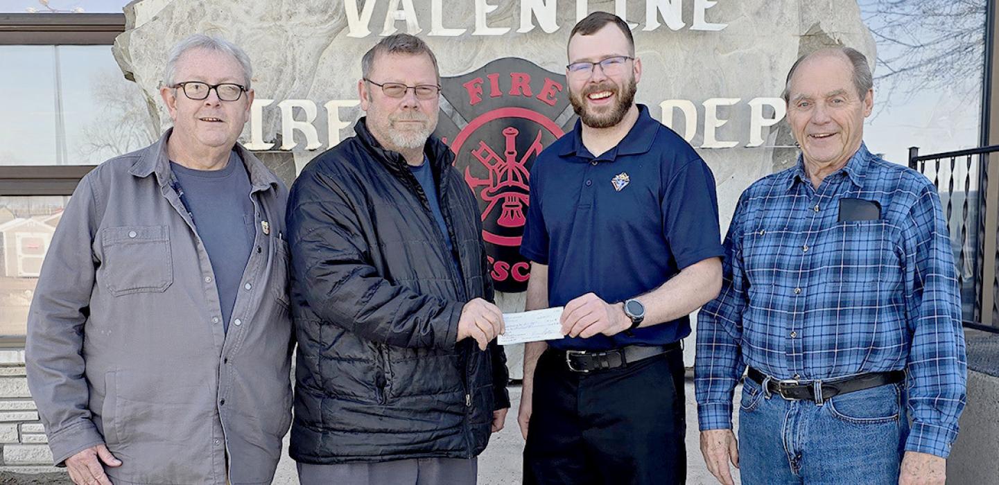 Valentine Fire Department received Knights of Columbus funds and are pictured from L to R: Financial Secretary Steve Grey, Chief Terry Engles, Grand Knight Justin Hartman, Fourth Degree Knight Glenn Clasen.