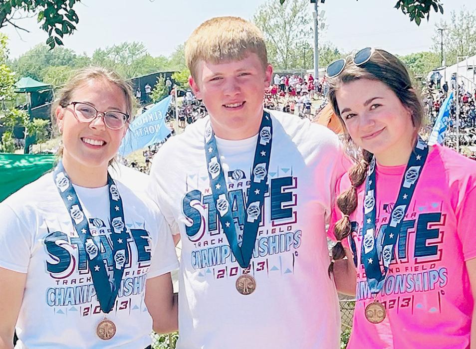 Utre Noreikaite (left), Dylan Naslund (center) and Aubree Johnson (right) represented Cody-Kilgore at the 2023 NSAA State Track Meet in Class D and brought home four medals in five events.