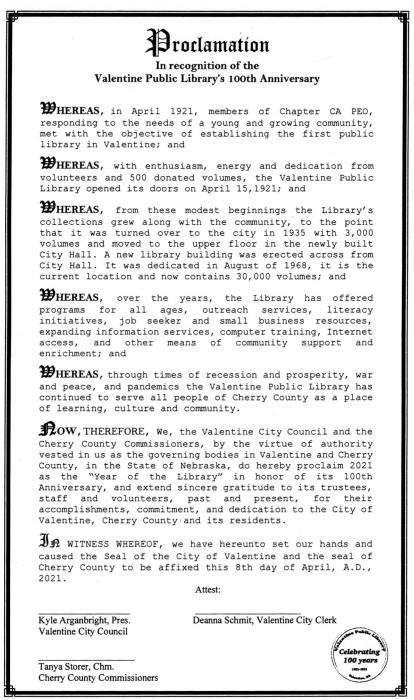 City Council proclaims Valentine Public Library’s 100th anniversary