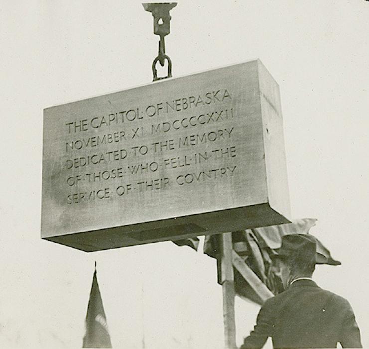 The cornerstone of the Nebraska State Capitol being lowered into place on November 11, 1922. Photo courtesy of History Nebraska
