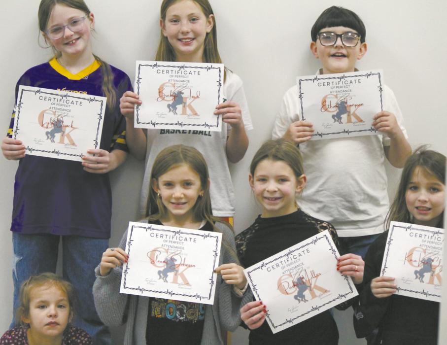 Cody-Kilgore third through fifth graders who had Perfect Attendance! Back row, L to R: Evy Robinson, Sloane Johnson, Parker Miller, KoraLee Clyde Front row, L to R: Lyla Orrock, Brekyn Ford, Ethan Thompson