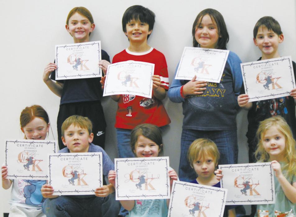 Cody-Kilgore pre-kindergarten through second grade students with Perfect Attendance! Back row, L to R: Myah Burress, Leo Herrera, Elias Thompson, Edwin Thompson Front row, L to R: Alivia Burress, Grady Rahn, Julianna Fairchild, Ryzen Heath, Emersyn Orrock Not pictured, Haleigh Rahn.