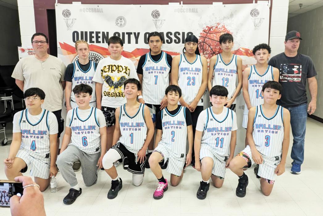 Pictured are back row, L to R: Head Coach Corey Reagle, Wade Daugherty, Kyson Parker, Daniel Haukaas, Ramon Dowdell, Kaylor White Hat, William Felix, Assistant Coach Allen Daugherty. Front row, L to R: Robert Sierra Jr., Cruz Reagle, Kyler Cox, Jesse Young, Michael Thin Elk, Kyson White. Not pictured Assistant Coach Isiah Knife.