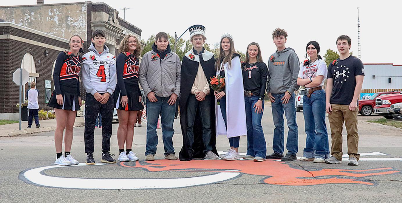 Homecoming Royalty Court is pictured from L to R: Freshmen attendants Lilly Ravenscroft and Teagan Fish, junior attendants Kayleigh Ravenscroft and Hesston Fay, King Brady Skinner and Queen Kate Cox, senior attendants Ally Heath and Tristan Fish, sophomore attendants Madyson Leithead and Tripp Hill.