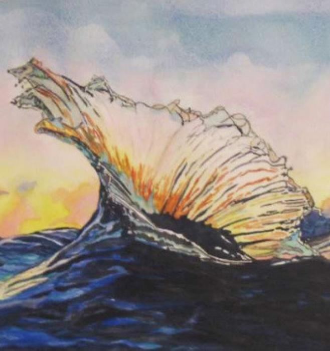 A cropped photo of June Artist of the Month Anne Liebermann of Gordon, NE. She is a self taught artist, with nature as her inspiration. Above is her creation of a wave greeting the sunset.