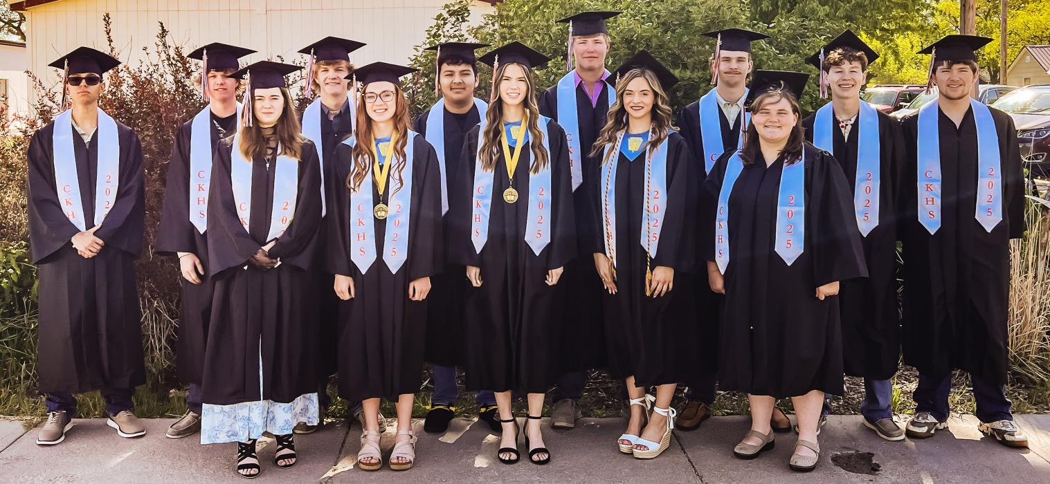 The Cody-Kilgore class of 2025 are pictured back row, L to R: Back row: Tylan Blume, Traper Schied, Brady Skinner, Nicolas Garza, Cooper Pitkin, Jasper Roseberry, Tristan Fish, Malahkia Covey. Front row, L to R: Jacey Wilde, Ayden Naslund, Kate Cox, Ally Heath, and Emma Thompson. The Cody-Kilgore Class of 2025 held their commencement exercises Saturday, May 17, at 10:00 a.m. MST at Cody Unified Schools. Congratulations Cowboys and Cowgirls! Photos by Kristin Fay