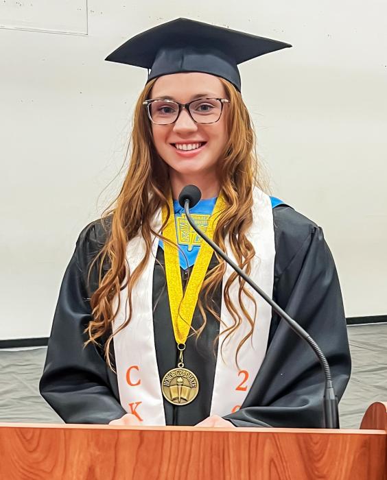 Honor Speaker Aiden Hand played - very cleverly - two truths and a lie with her classmates during Cody-Kilgore’s 2025 graduation ceremony, May 17, 2025.