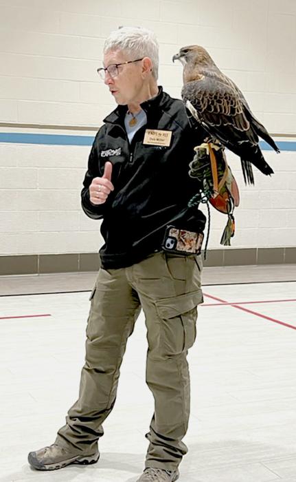Deb Miller of the Egerton Explorit Center shared Raptorology with the Valentine Senior Center and VES. Photo by Linda Ramos
