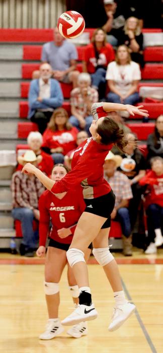 Savannah Fullerton #7 spiking the ball Tuesday, September 26, 2023. Photos by Nina-Maria Nelson