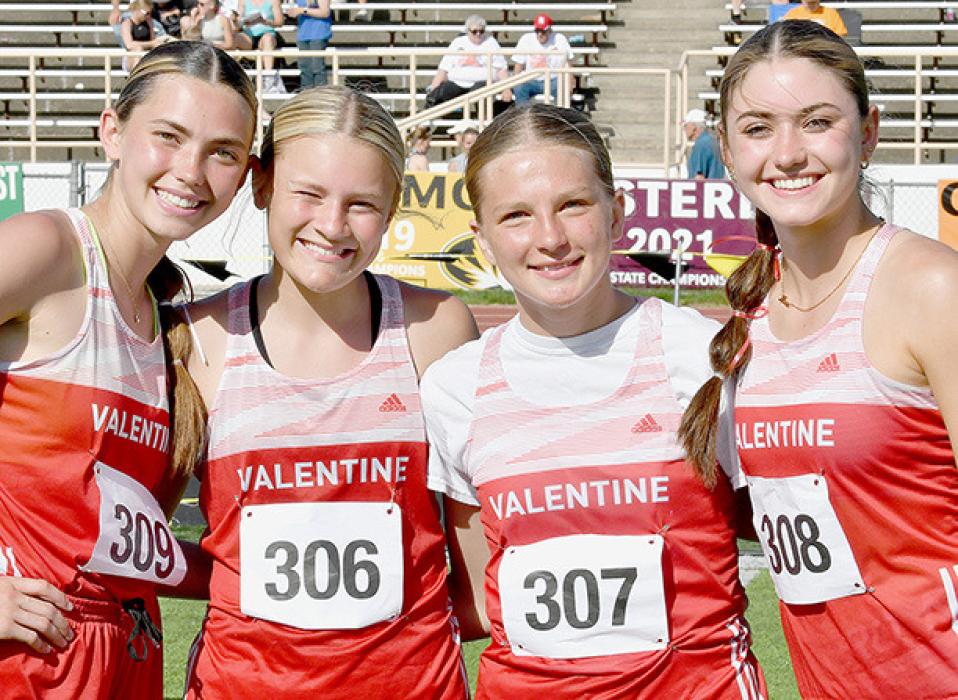 The Valentine team of Maeli Patterson, Joni Cox, Christen Larson, and Alivia Patterson ran in the Class C Girls 4x400 Meter Relay at the 2024 NSAA State Track Meet.