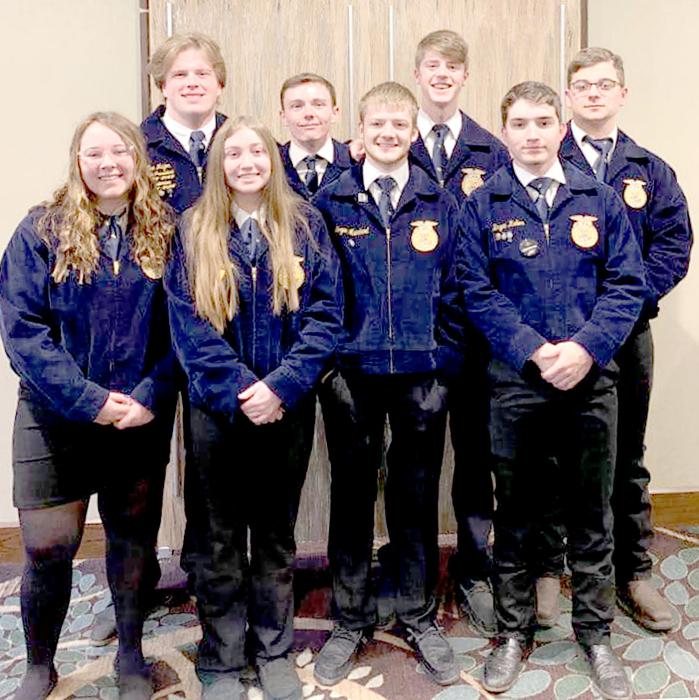 Valentine FFA State Degree recipients are pictured back row, L to R: Lee Major, Connor Kreutner, Jack Lancaster, and Austyn Keiborz. Front row, L to R: Gracey Taylor, Taylor Battershaw, Logan Muirhead, and Bryan Keller.
