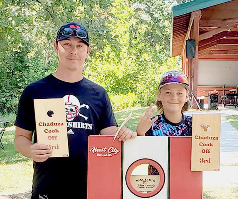 Cornhole tournament was held during the Chaduza Cook-off, Saturday, September 7, 2024, with seven teams. First place went to Brandon Gehlsen and Kim Valen; second place, Brad Belville and James Belville; third place, Ty Hansen and Nash Hesse.